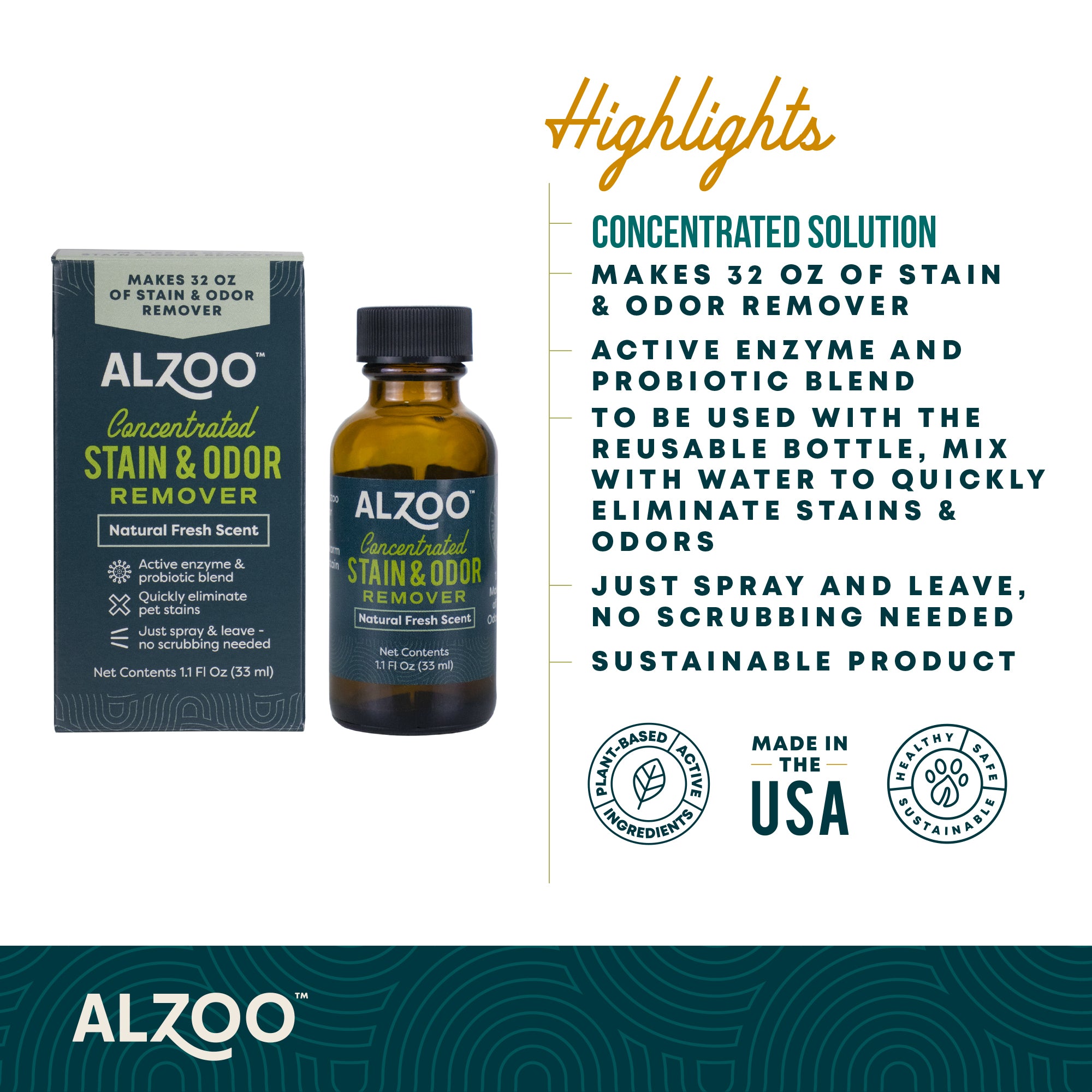 ALZOO Concentrated Enzyme-Based Sustainable Stain & Odor Remover Liquid Refill 1.1 oz