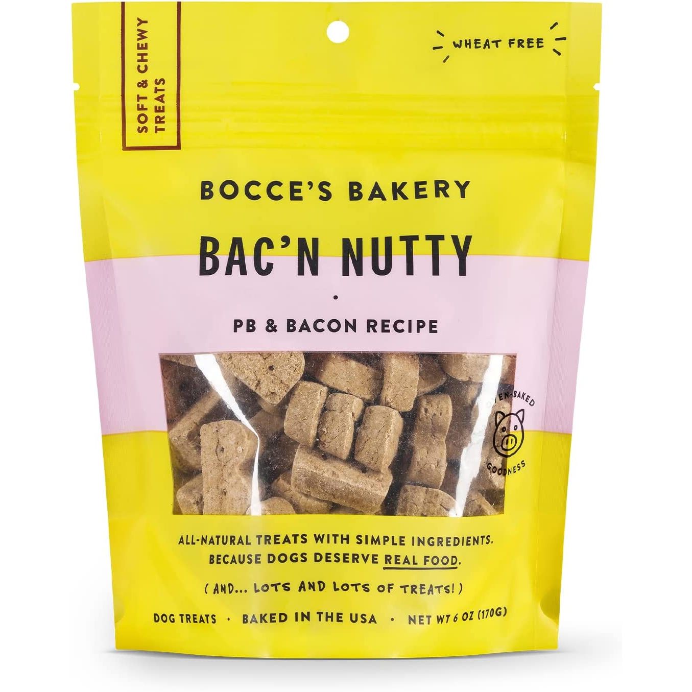 Bocce's Bakery Oven Baked Bac'N Nutty Treats for Dogs PB & Bacon Recipe 6 oz