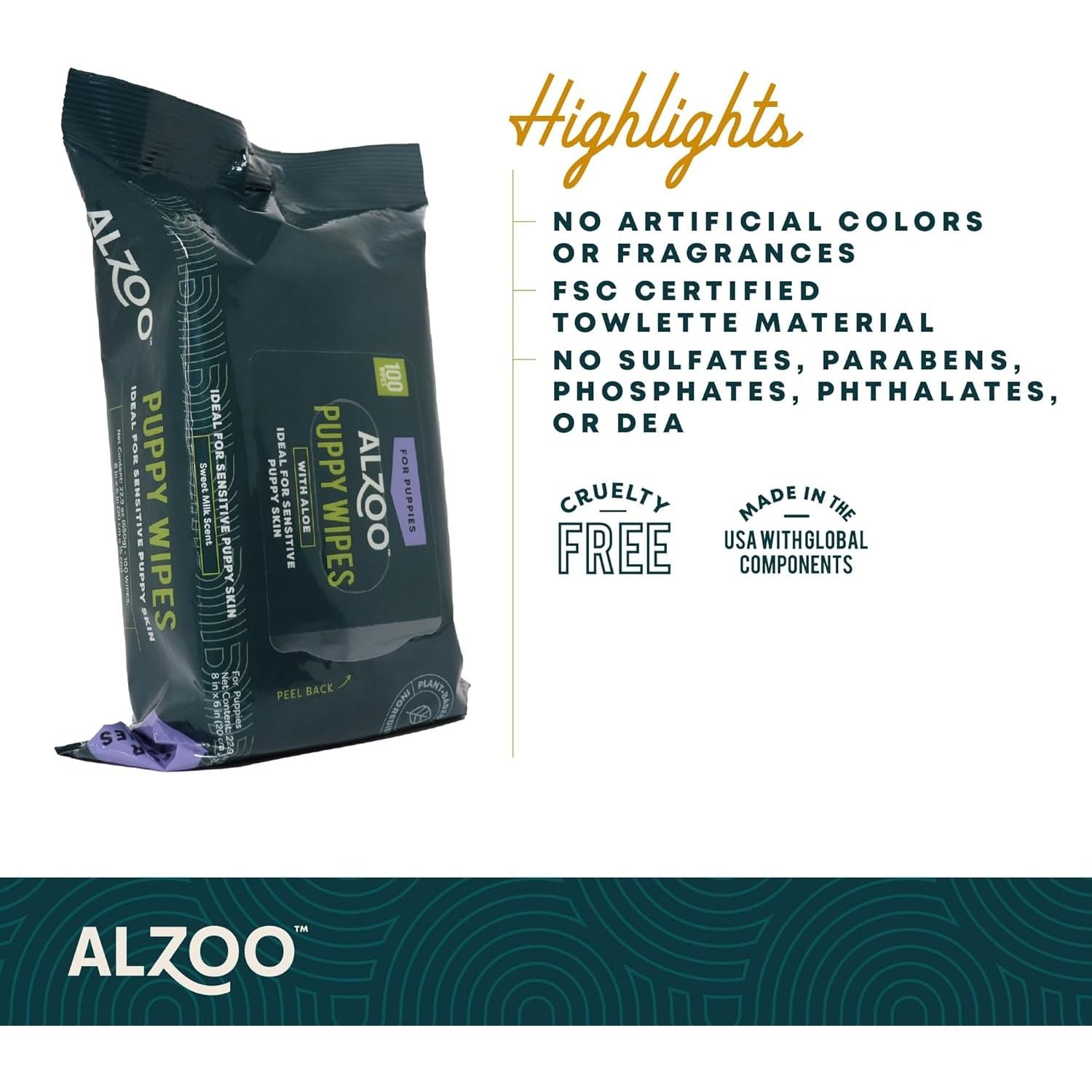ALZOO Plant-Based Grooming Wipes for Puppies