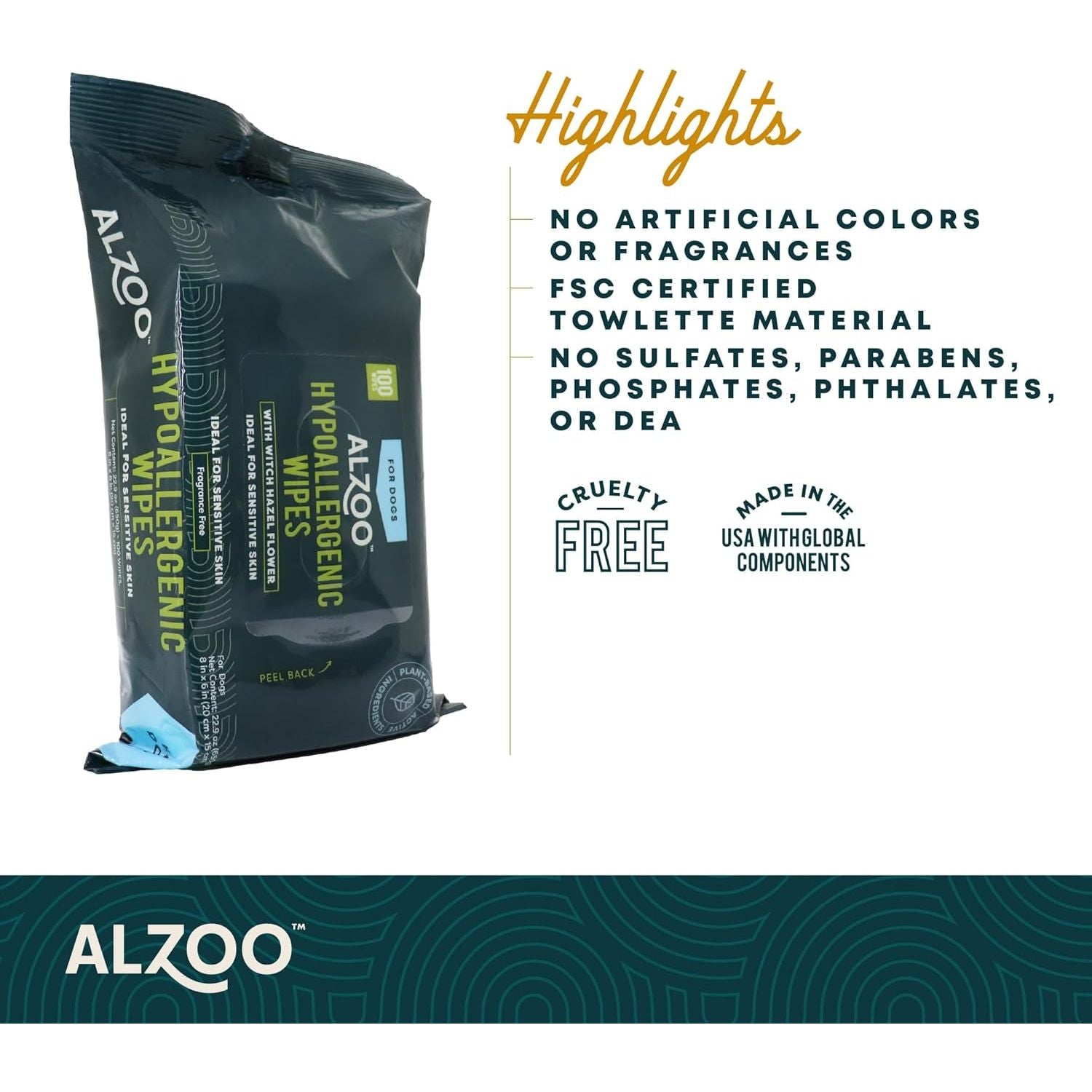 ALZOO Plant-Based Grooming Hypoallergenic Wipes for Dogs