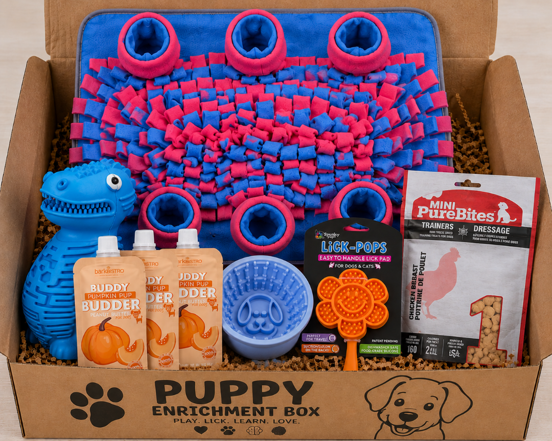Puppy Enrichment Box — Snuffle Mat, Topplesaurus, Buddy Bowl, Buddy Budder Squeeze Trio, PureBites Mini Chicken & Lick-Pop