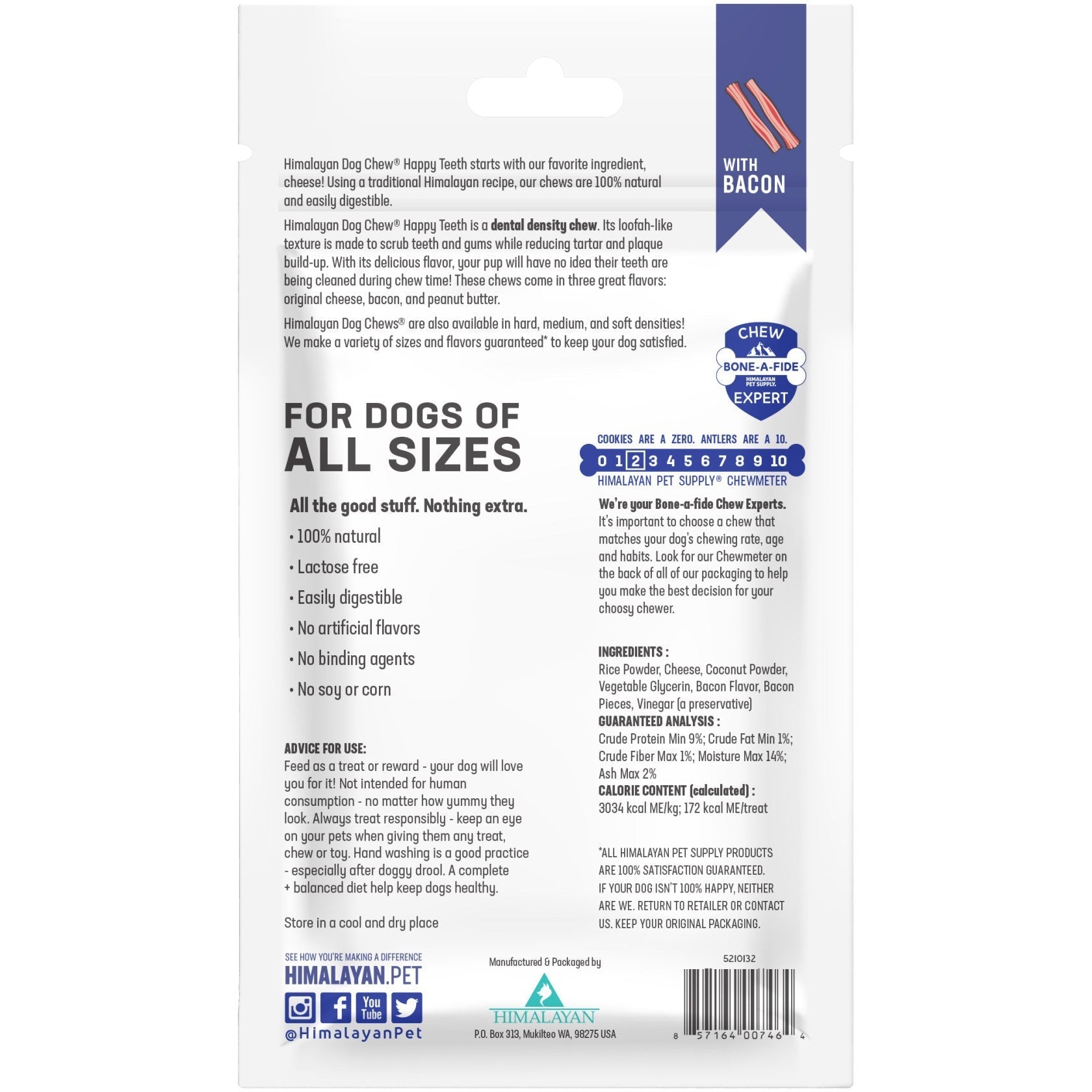 Himalayan Pet Supply Happy Teeth Natural Cheese Dog Chews | Bacon Flavor