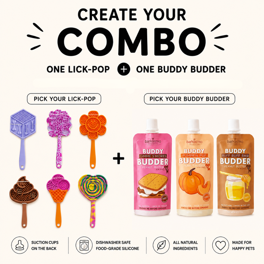 Bark Bistro Buddy Budder Squeeze Pack + Spunky Pup Lick-Pop Combo