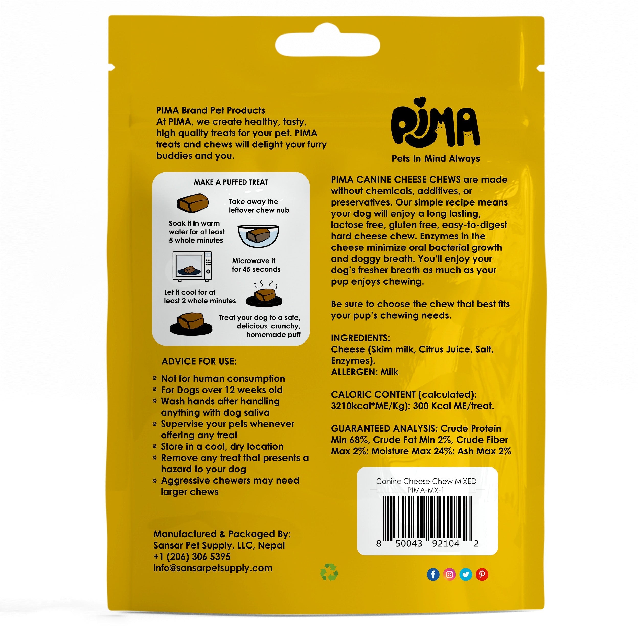 PIMA Canine Cheese Chew for Dogs 65 lbs or Smaller - 3 Chews Mixed Large - 9.9 oz.