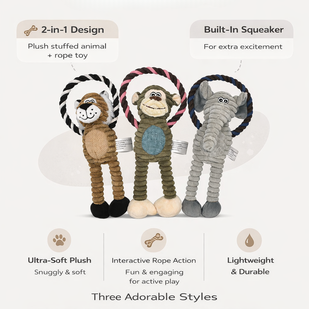 WOOZAPET Rope Dog Toy with Plush Animal & Squeaker