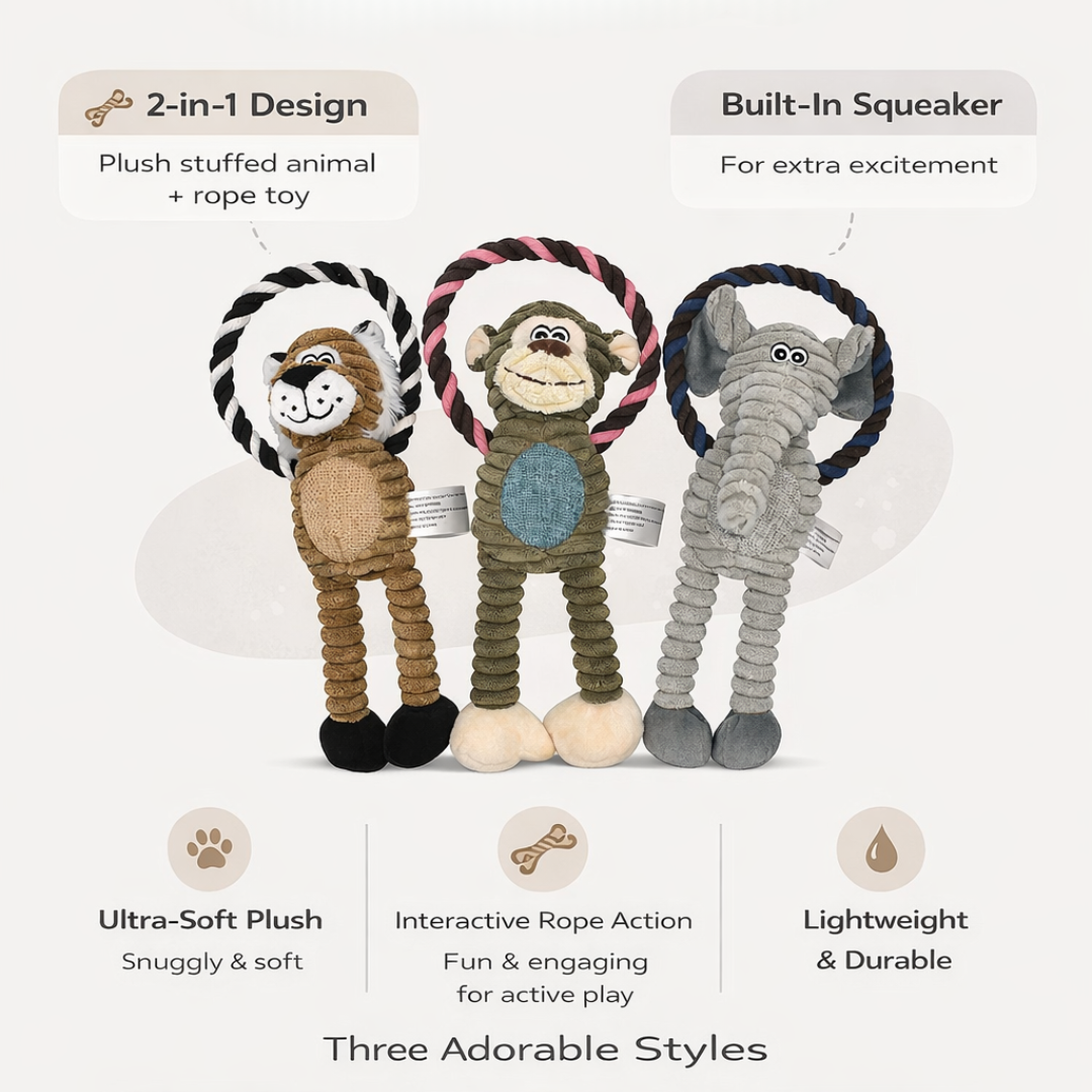WOOZAPET Rope Dog Toy with Plush Animal & Squeaker