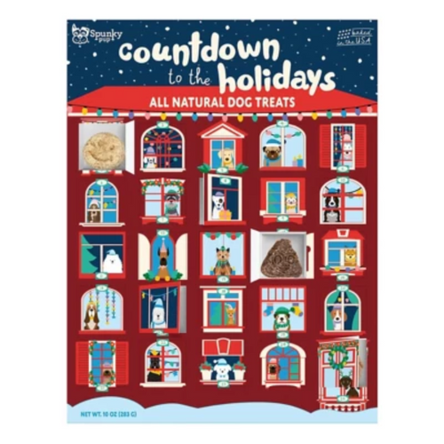 Spunky Pup Holiday Advent Calendar for dogs - 25 days of natural peanut butter treats baked in USA