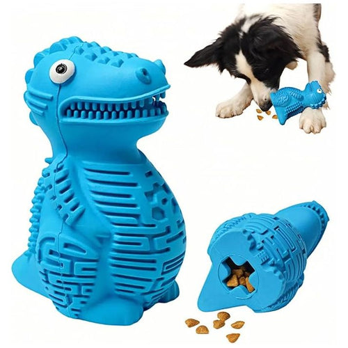 Dog playing with WOOZAPET Topplesaurus wobble treat dispenser - interactive enrichment toy