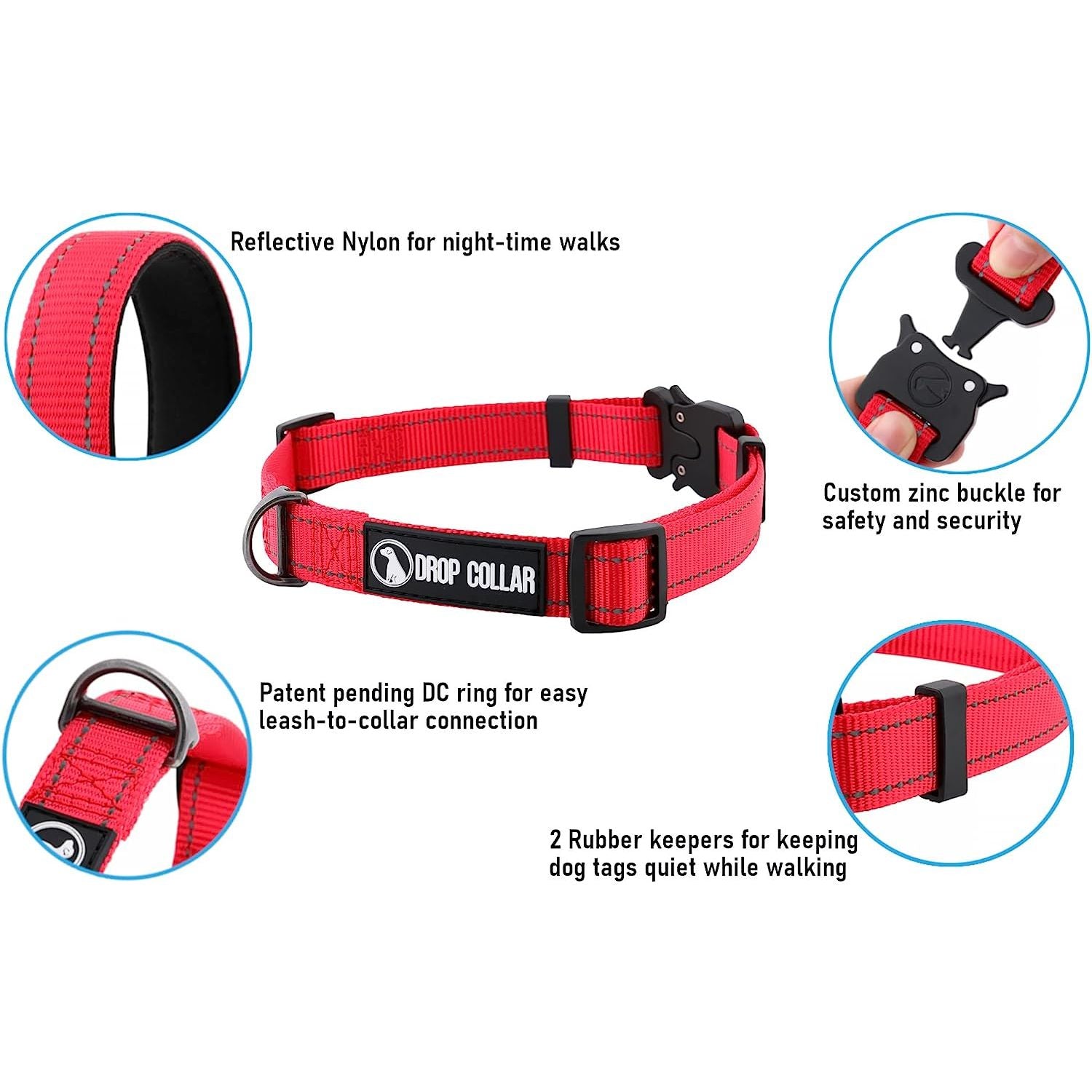 Drop Collar Reflective Nylon Dog Collar with Patent Pending Upright Leash Connection Point