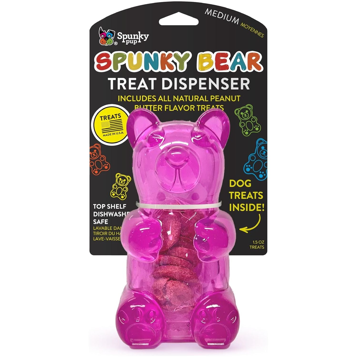 Spunky Pup Gummy Bear Interactive Dog Toy with Treats Included - Assorted Neon Colors- Medium